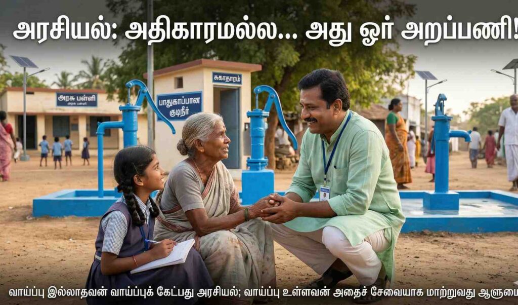 கிராமப்புற இந்தியாவில் சோலார் விளக்குகள், நீல நிற கை பம்புகள், மற்றும் ஒரு பள்ளிக்கு அருகில், ஒரு அரசியல்வாதி முதியவர் மற்றும் சிறுமியுடன் பழகும் நம்பிக்கையான புகைப்படம். படத்தின் மேலே "அரசியல்: அதிகாரமல்ல... அது ஓர் அறப்பணி!" மற்றும் கீழே "வாய்ப்பு இல்லாதவன் வாய்ப்புக் கேட்பது அரசியல்; வாய்ப்பு உள்ளவன் அதைச் சேவையாக மாற்றுவது ஆளுமை." என்ற தமிழ் உரைகள் உள்ளன.