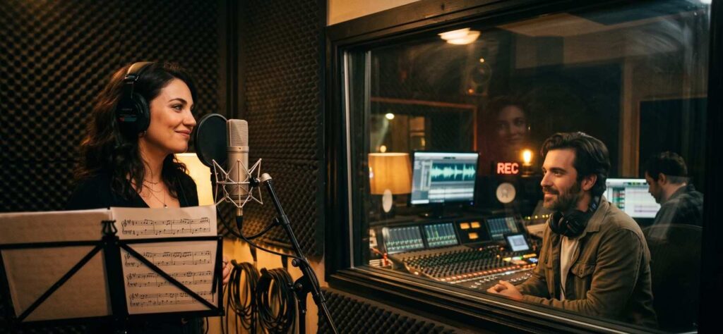 A female playback singer recording a song and smiling at the male director through the studio glass window.